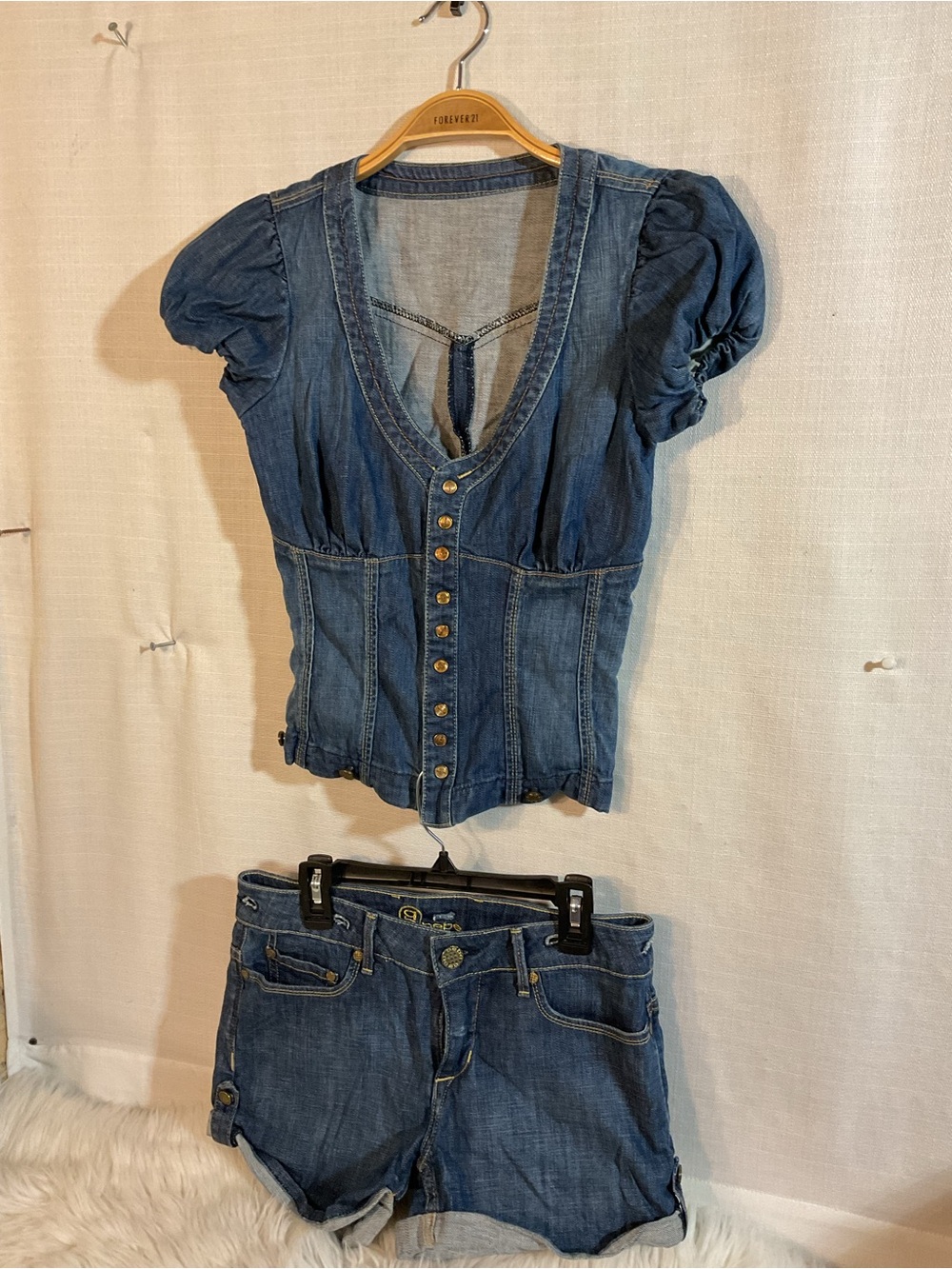 bebe Two-Tone Blue Denim Jeans with Gold Stitching